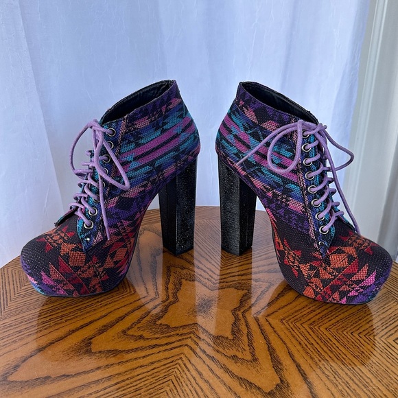 B Love Style Colorful Boho Tribal Print High Heel Lace Up Ankle Boots - Picture 1 of 17